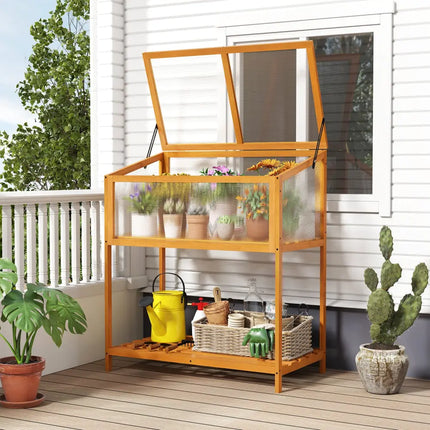 Wood Cold Frame Greenhouse with Transparent Openable Roof and Slatted Storage Shelf-Orange - Orange - Greenhouses