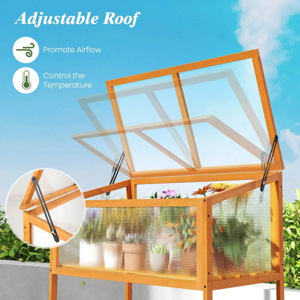 Wood Cold Frame Greenhouse with Transparent Openable Roof and Slatted Storage Shelf-Orange - Orange - Greenhouses