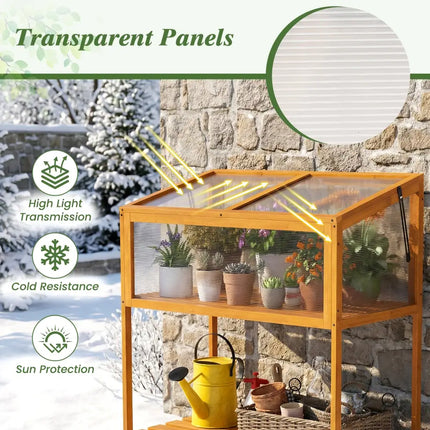 Wood Cold Frame Greenhouse with Transparent Openable Roof and Slatted Storage Shelf-Orange - Orange - Greenhouses