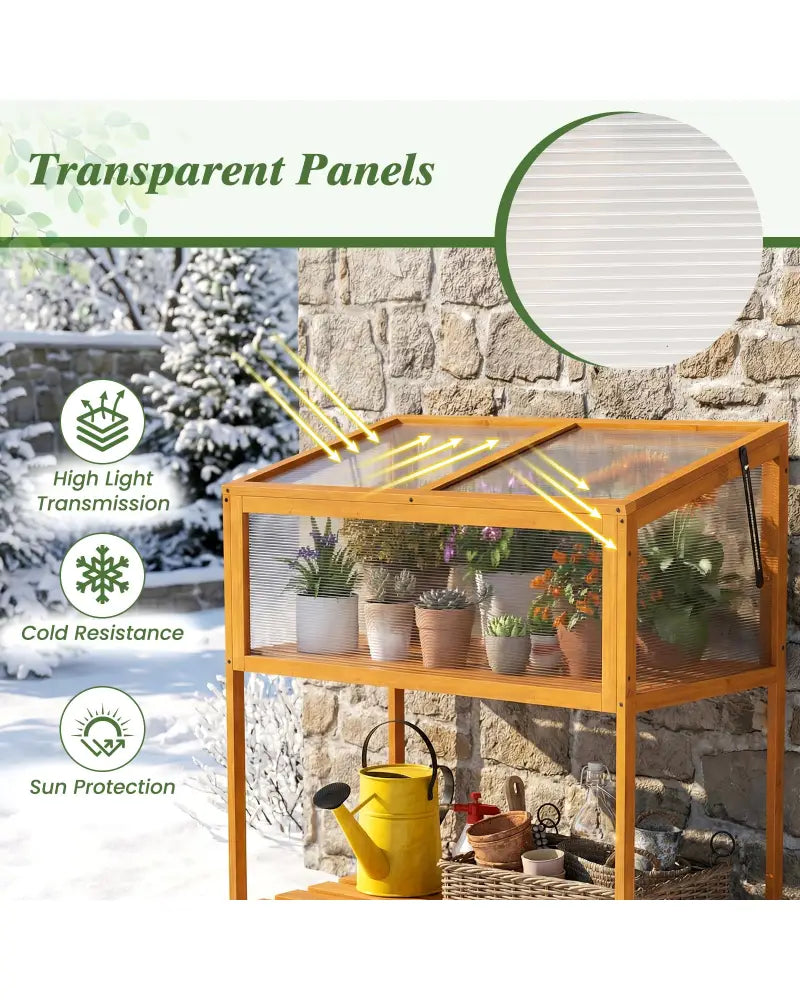 Wood Cold Frame Greenhouse with Transparent Openable Roof and Slatted Storage Shelf-Orange - Orange - Greenhouses