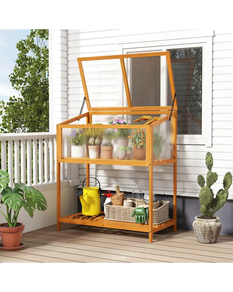 Wood Cold Frame Greenhouse with Transparent Openable Roof and Slatted Storage Shelf-Orange - Orange - Greenhouses