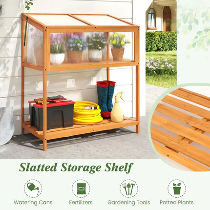 Wood Cold Frame Greenhouse with Transparent Openable Roof and Slatted Storage Shelf-Orange - Orange - Greenhouses