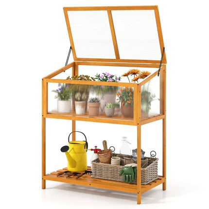 Wood Cold Frame Greenhouse with Transparent Openable Roof and Slatted Storage Shelf-Orange - Orange - Greenhouses