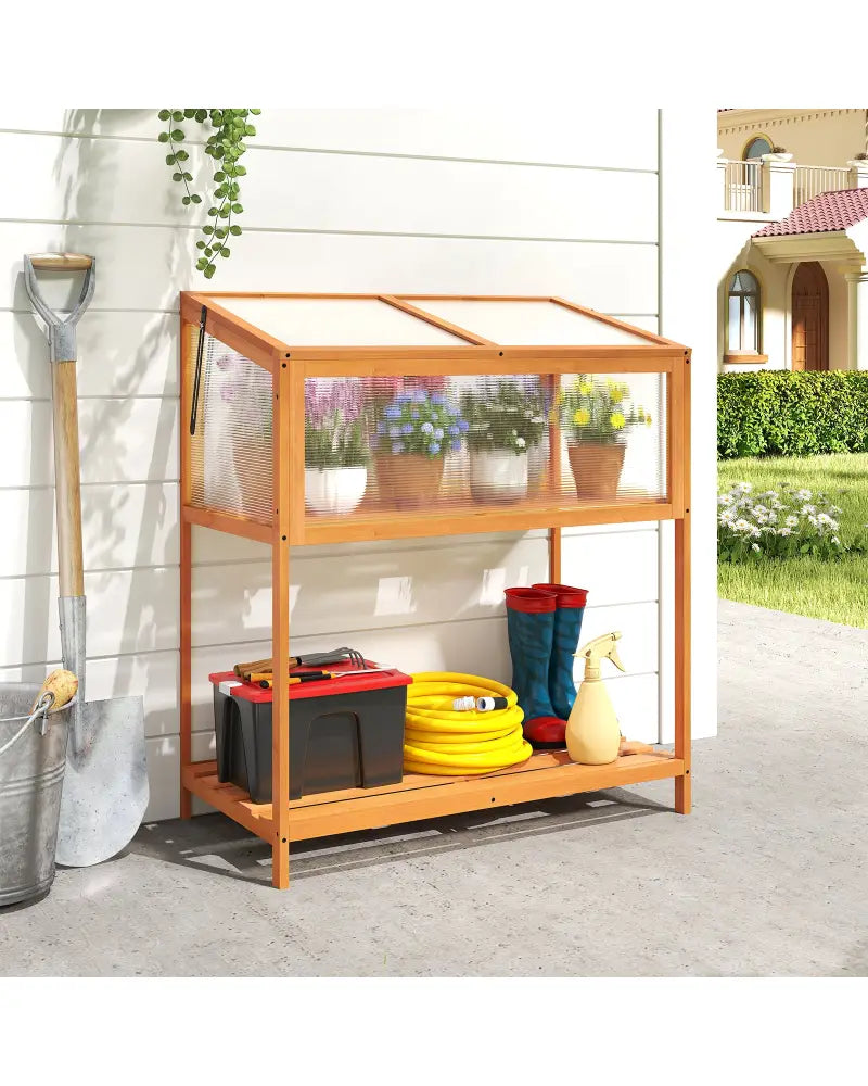 Wood Cold Frame Greenhouse with Transparent Openable Roof and Slatted Storage Shelf-Orange - Orange - Greenhouses