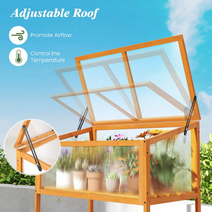 Wood Cold Frame Greenhouse with Transparent Openable Roof and Slatted Storage Shelf-Orange - Orange - Greenhouses