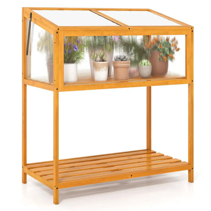 Wood Cold Frame Greenhouse with Transparent Openable Roof and Slatted Storage Shelf-Orange - Orange - Greenhouses