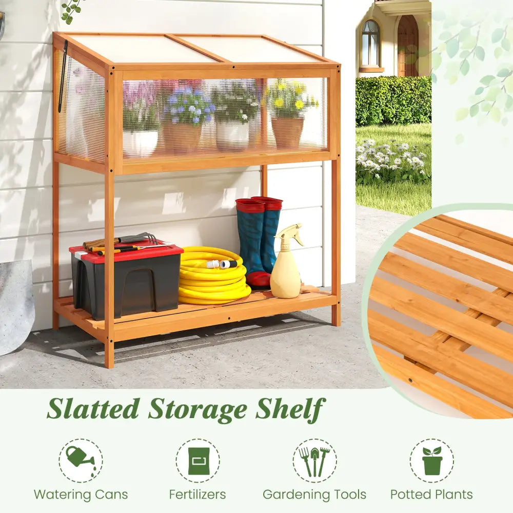 Wood Cold Frame Greenhouse with Transparent Openable Roof and Slatted Storage Shelf-Orange - Orange - Greenhouses