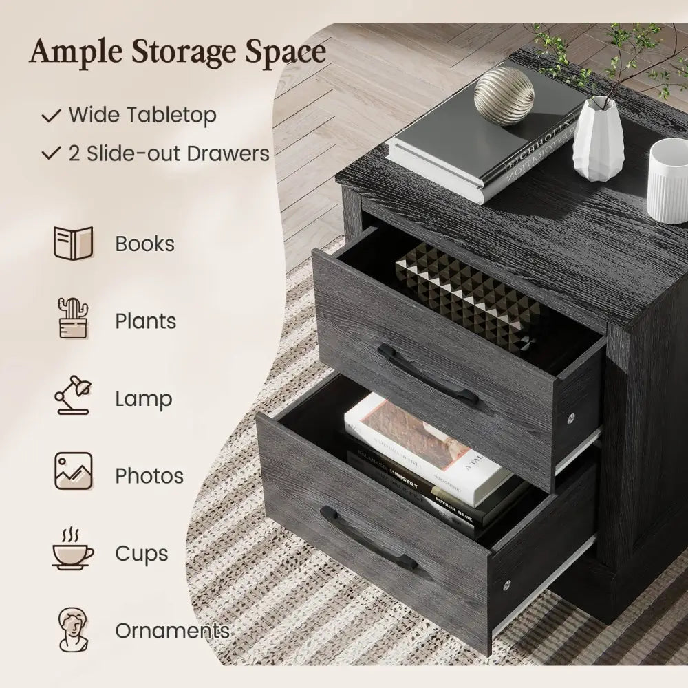 Wood Compact Floor Nightstand with Storage Drawers-Dark Gray - Dark Gray - Nightstands