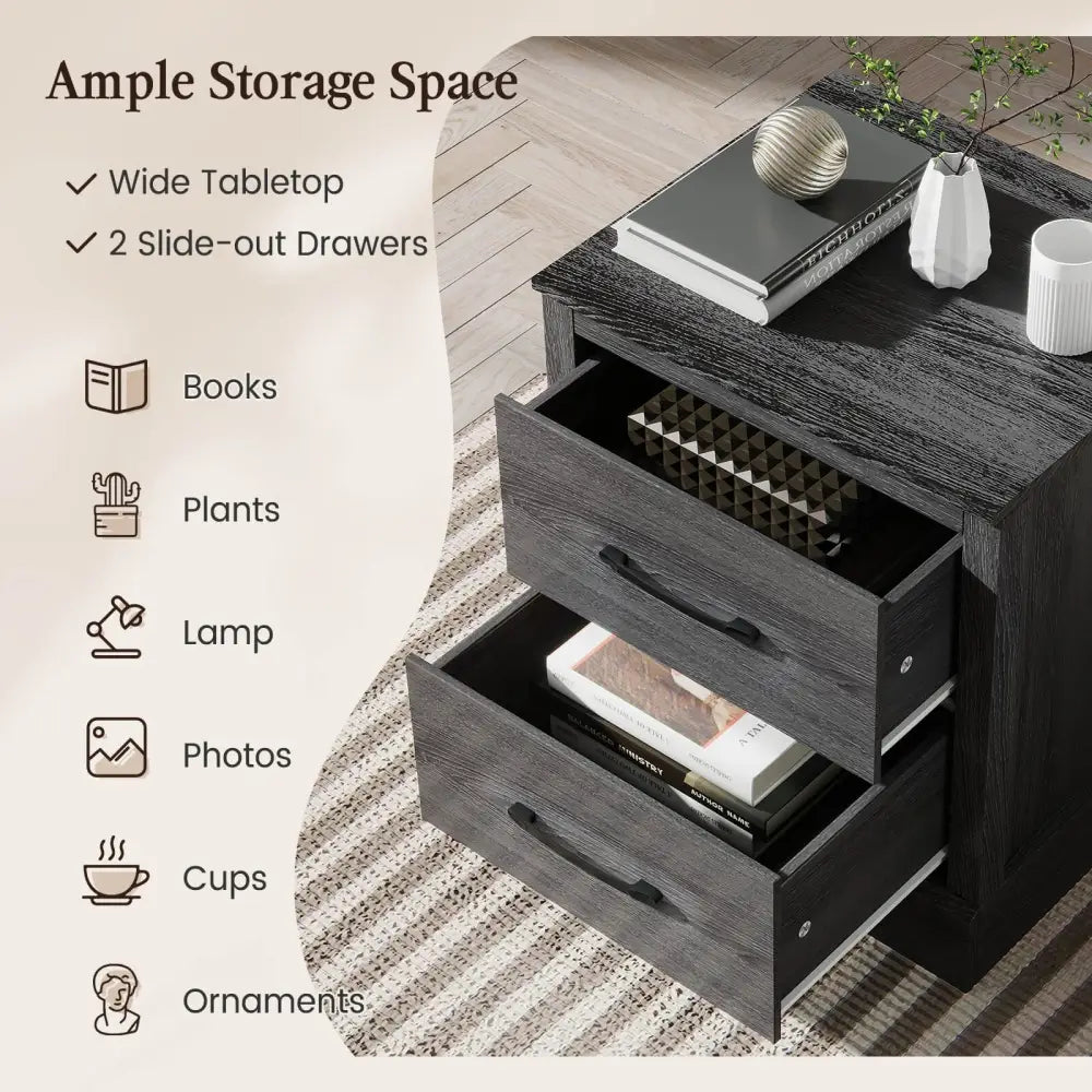 Wood Compact Floor Nightstand with Storage Drawers-Dark Gray - Dark Gray - Nightstands
