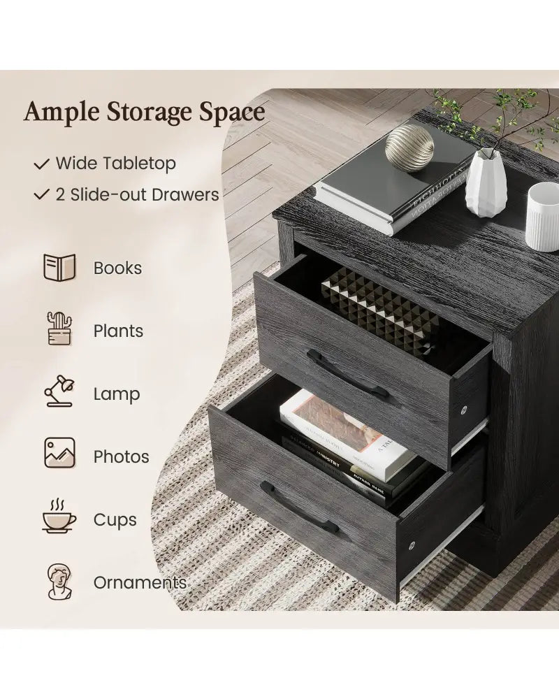Wood Compact Floor Nightstand with Storage Drawers-Dark Gray - Dark Gray - Nightstands