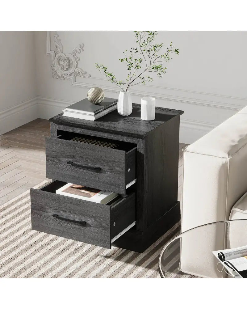 Wood Compact Floor Nightstand with Storage Drawers-Dark Gray - Dark Gray - Nightstands