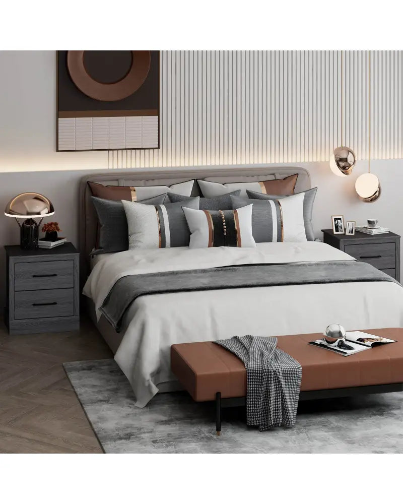 Wood Compact Floor Nightstand with Storage Drawers-Dark Gray - Dark Gray - Nightstands