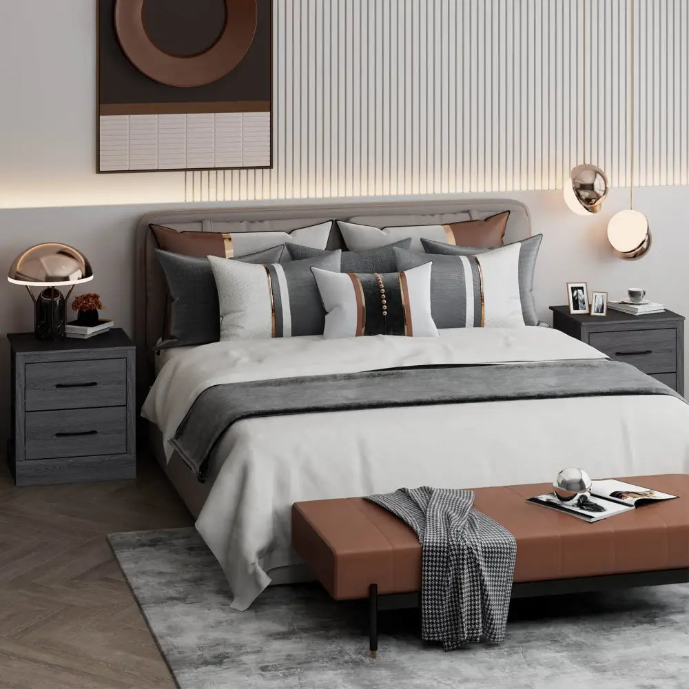 Wood Compact Floor Nightstand with Storage Drawers-Dark Gray - Dark Gray - Nightstands