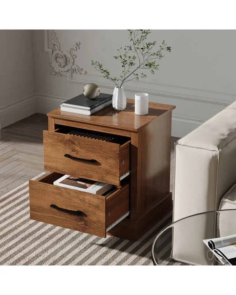 Wood Compact Floor Nightstand with Storage Drawers-Rustic Brown - Rustic Brown - Nightstands