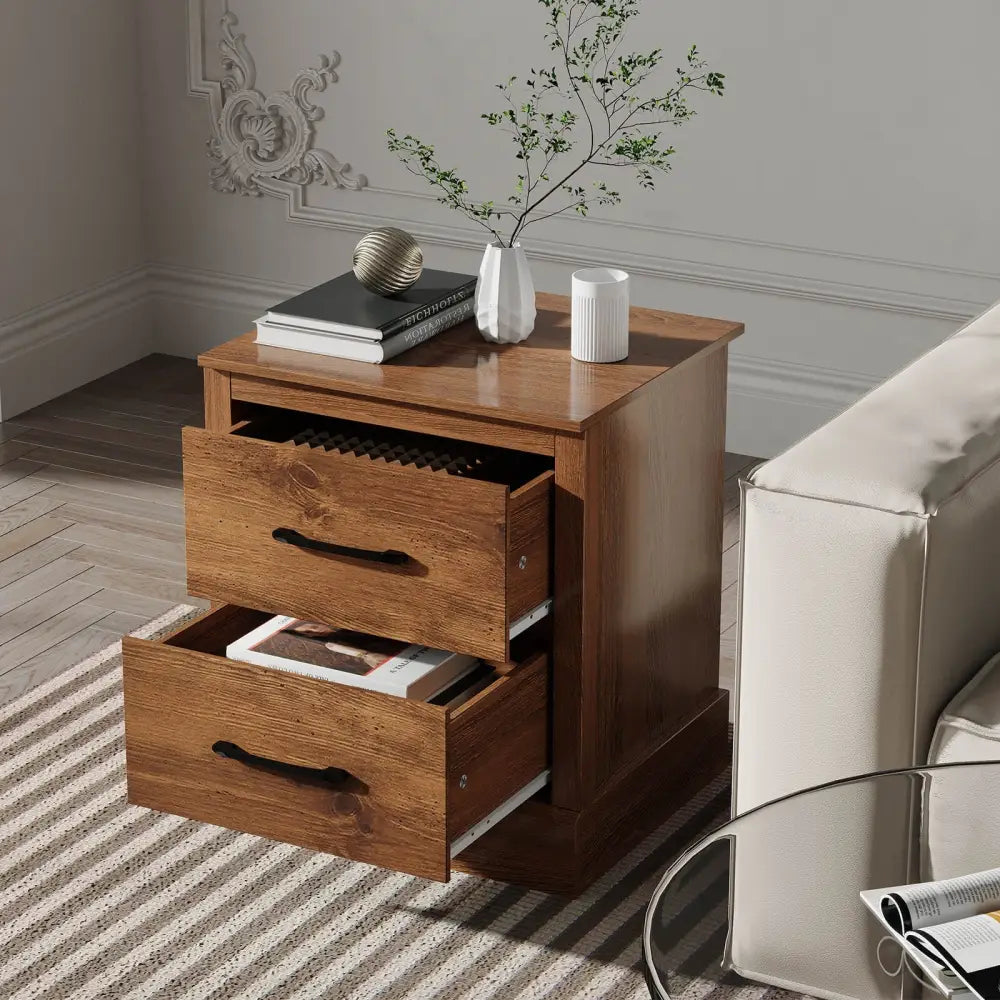 Wood Compact Floor Nightstand with Storage Drawers-Rustic Brown - Rustic Brown - Nightstands