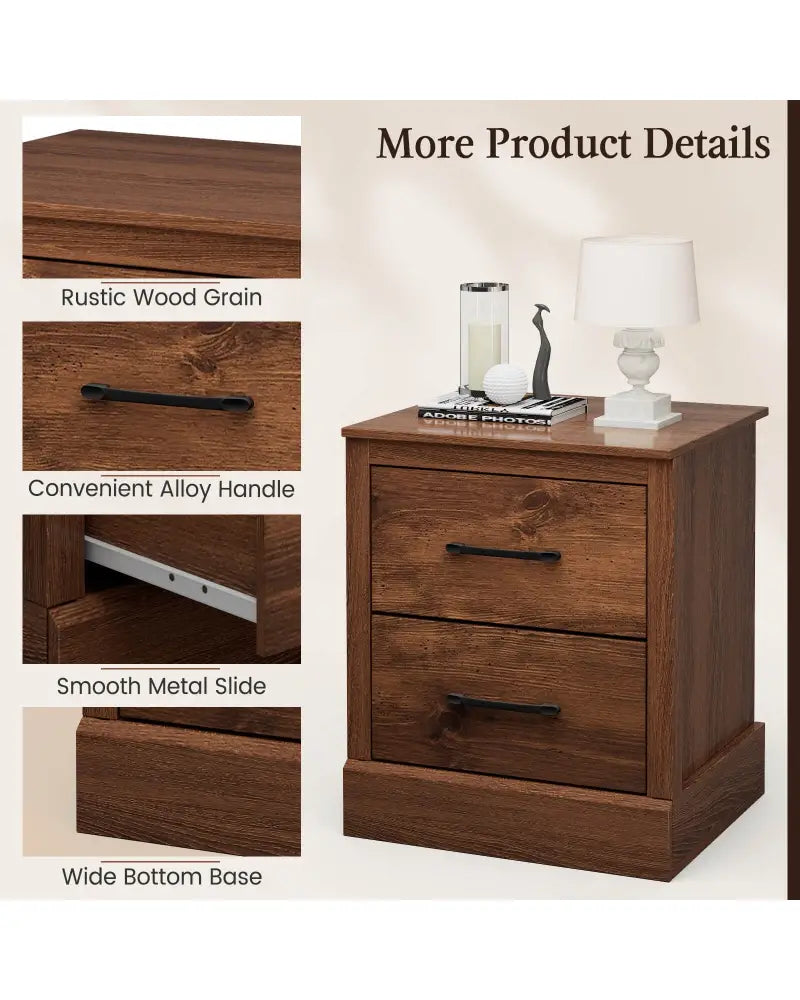 Wood Compact Floor Nightstand with Storage Drawers-Rustic Brown - Rustic Brown - Nightstands