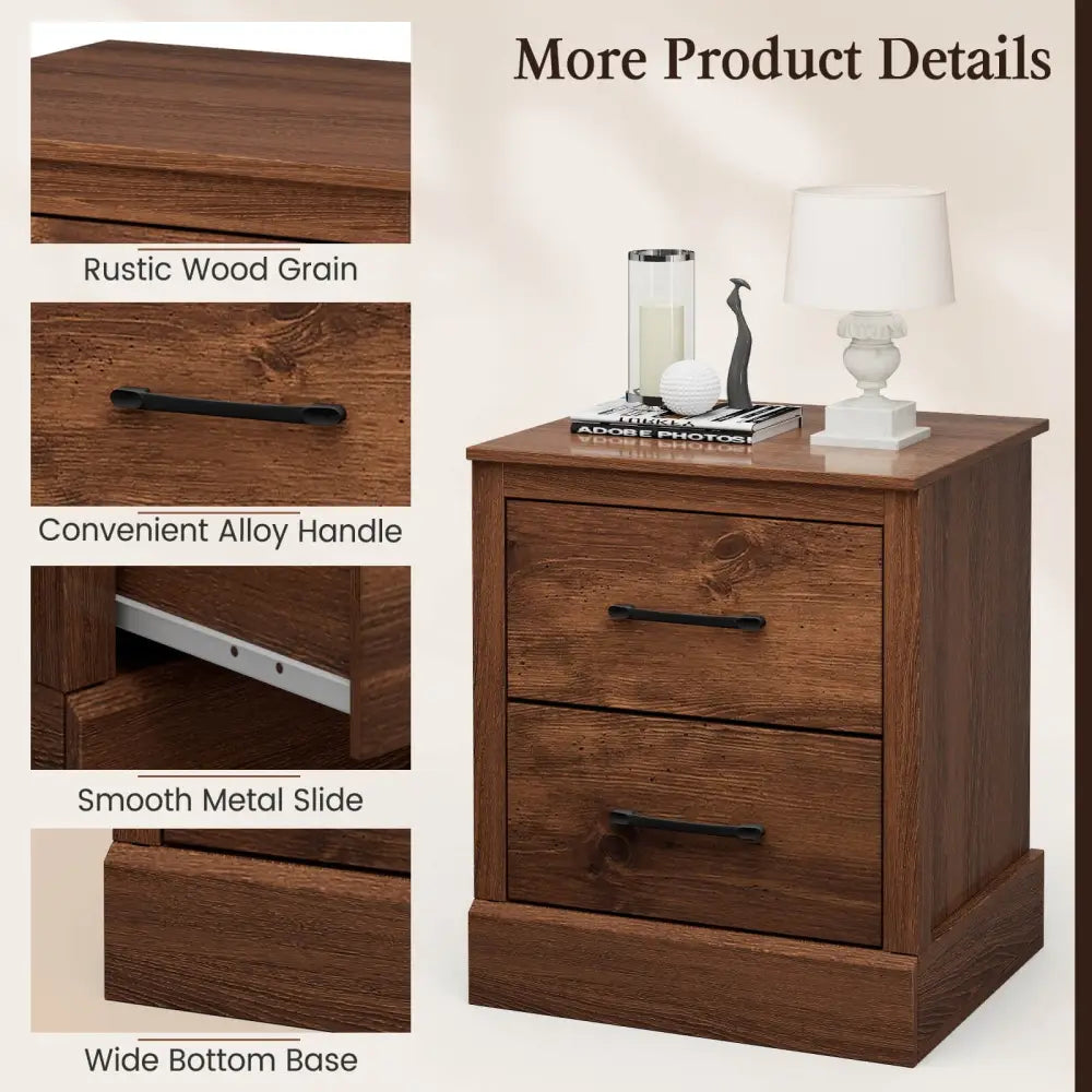 Wood Compact Floor Nightstand with Storage Drawers-Rustic Brown - Rustic Brown - Nightstands