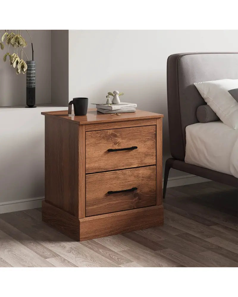 Wood Compact Floor Nightstand with Storage Drawers-Rustic Brown - Rustic Brown - Nightstands
