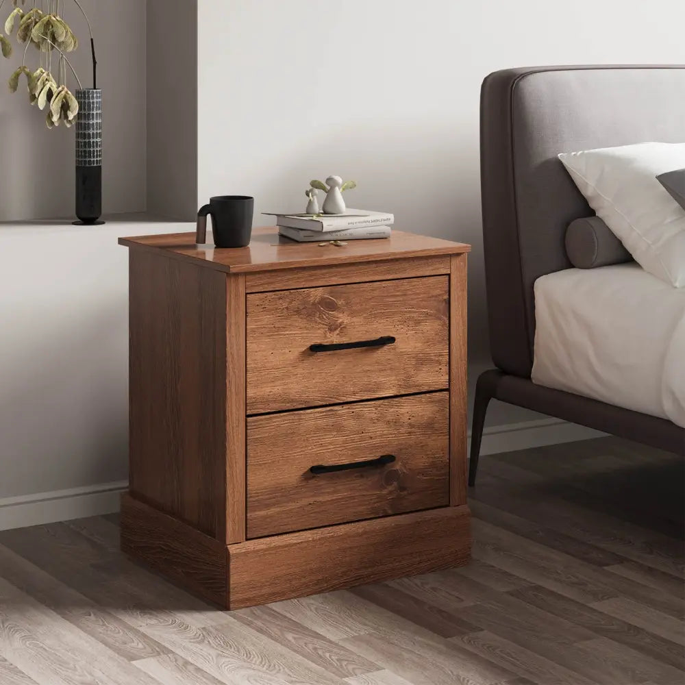 Wood Compact Floor Nightstand with Storage Drawers-Rustic Brown - Rustic Brown - Nightstands