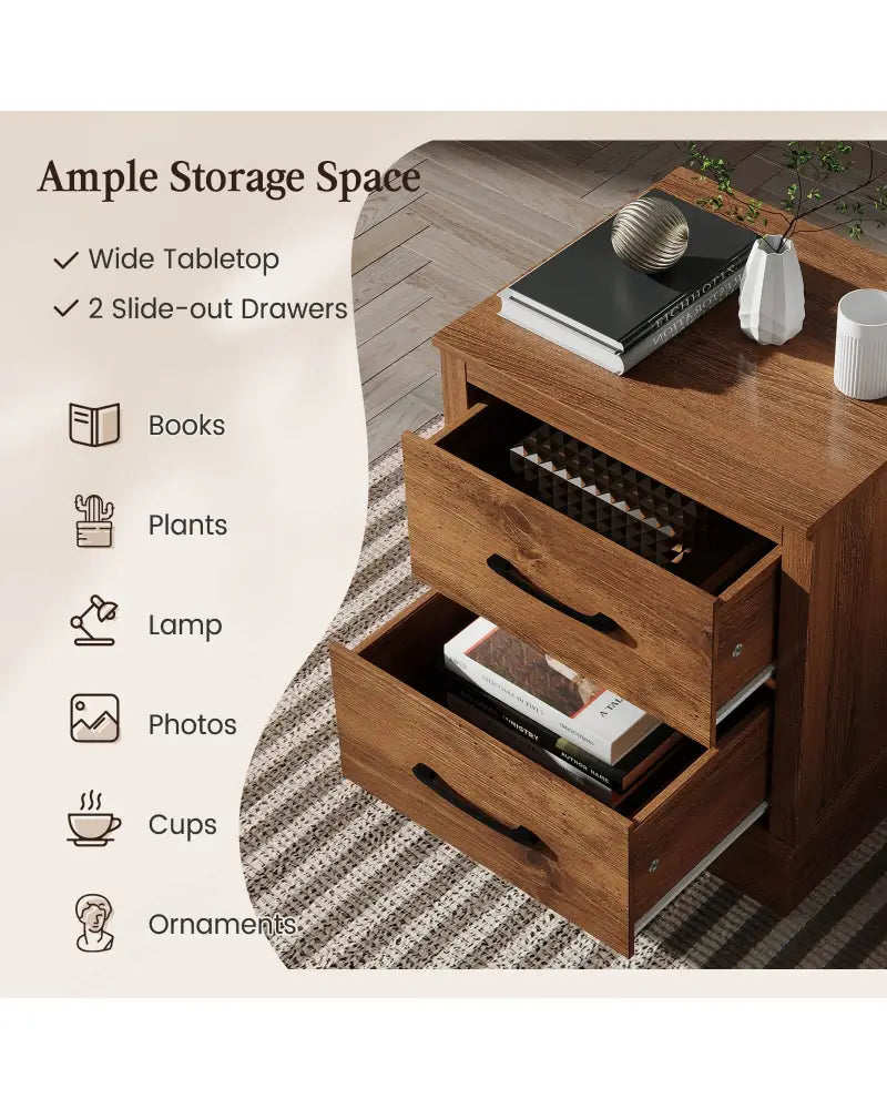 Wood Compact Floor Nightstand with Storage Drawers-Rustic Brown - Rustic Brown - Nightstands