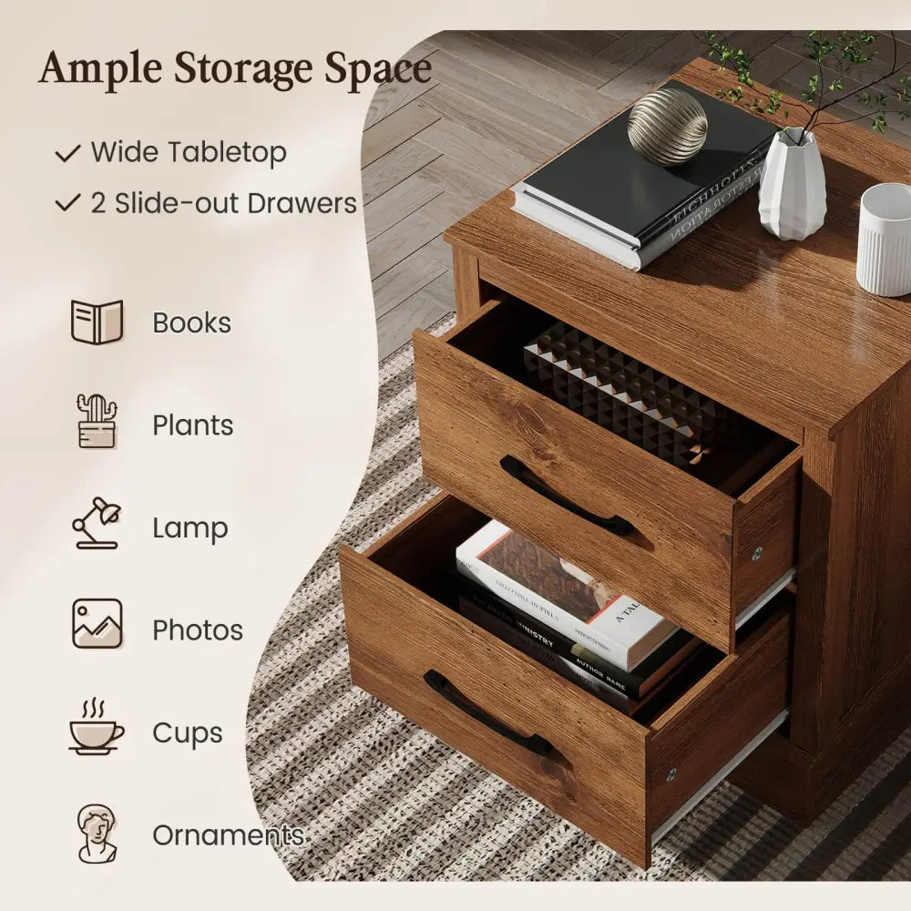 Wood Compact Floor Nightstand with Storage Drawers-Rustic Brown - Rustic Brown - Nightstands