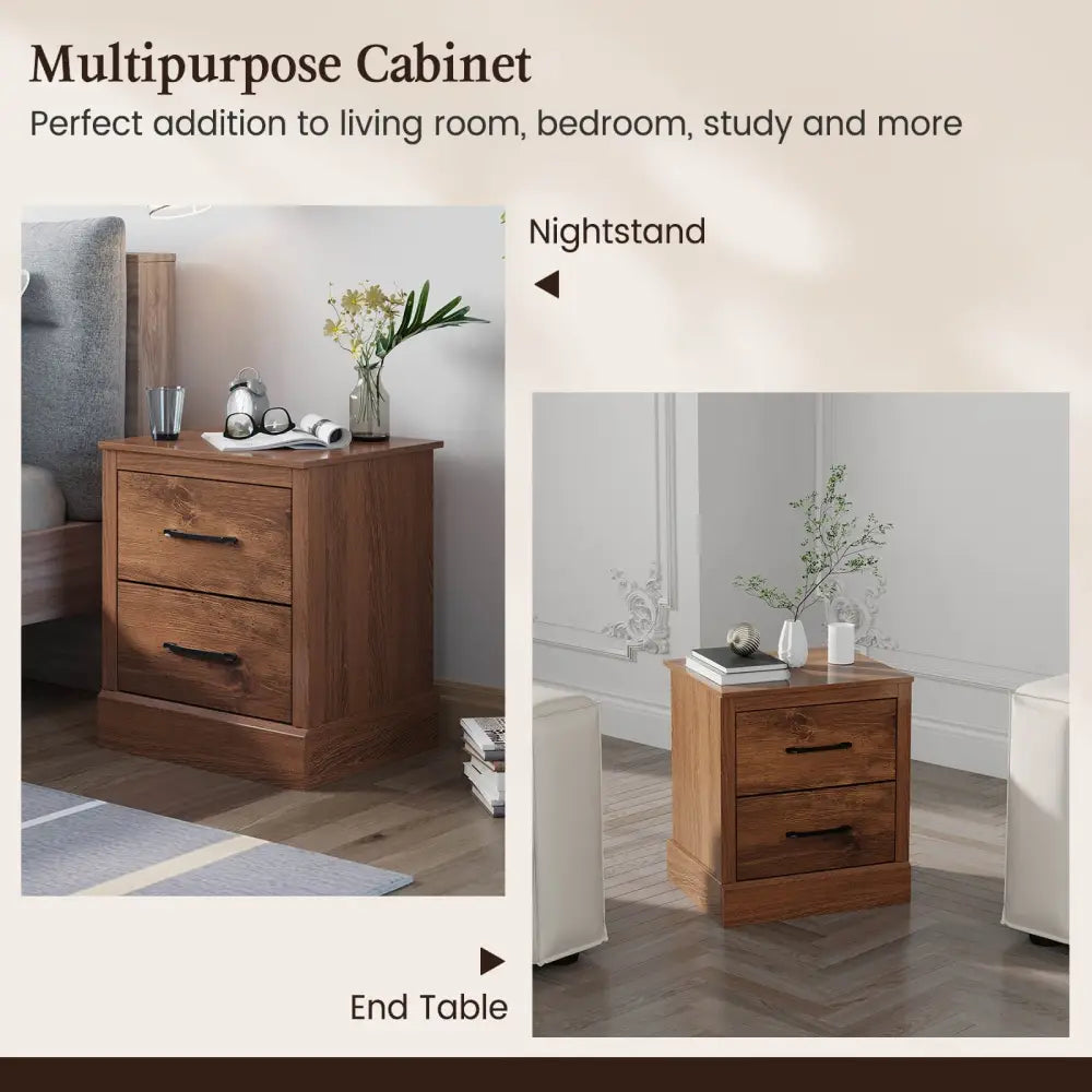 Wood Compact Floor Nightstand with Storage Drawers-Rustic Brown - Rustic Brown - Nightstands