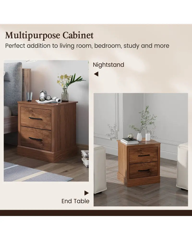 Wood Compact Floor Nightstand with Storage Drawers-Rustic Brown - Rustic Brown - Nightstands