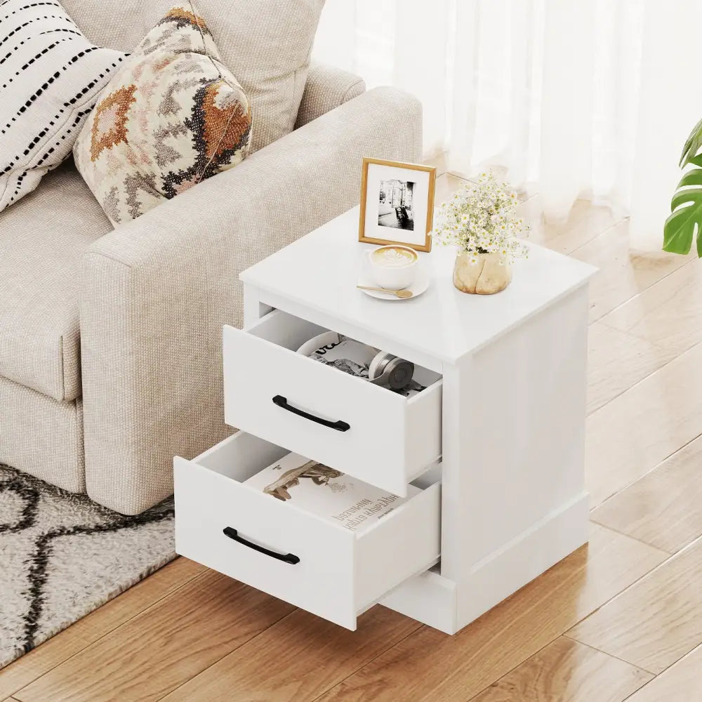 Wood Compact Floor Nightstand with Storage Drawers-White - White - Nightstands