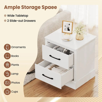 Wood Compact Floor Nightstand with Storage Drawers-White - White - Nightstands