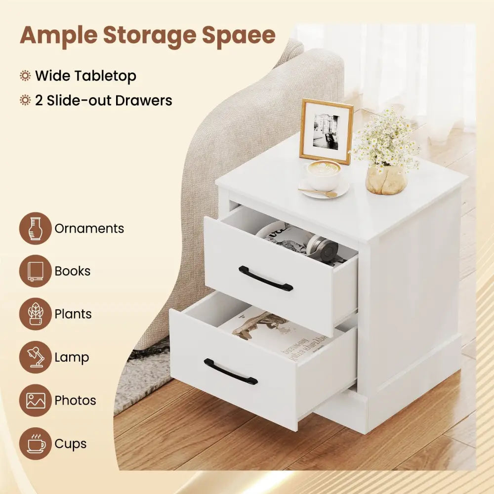 Wood Compact Floor Nightstand with Storage Drawers-White - White - Nightstands