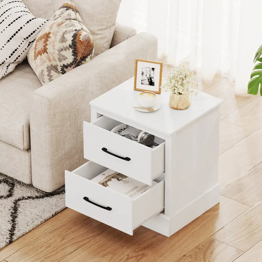 Wood Compact Floor Nightstand with Storage Drawers-White - White - Nightstands