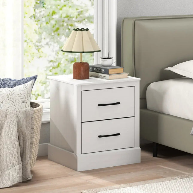 Wood Compact Floor Nightstand with Storage Drawers-White - White - Nightstands
