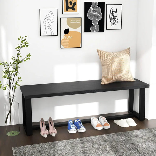 Wood Dining Bench with Metal Frame and Adjustable Footpads-Black - Black - Shoe Racks & Storage Benches