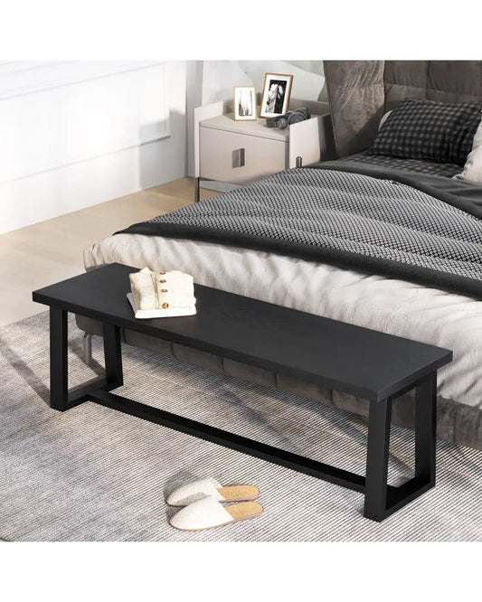 Wood Dining Bench with Metal Frame and Adjustable Footpads-Black - Black - Shoe Racks & Storage Benches