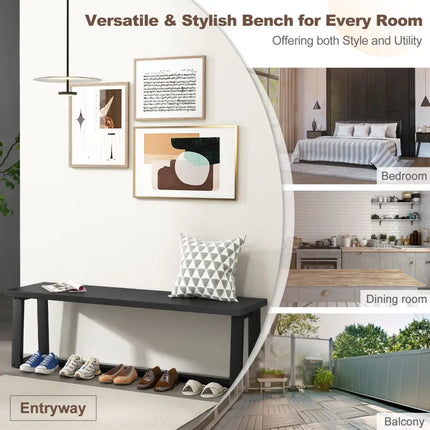 Wood Dining Bench with Metal Frame and Adjustable Footpads-Black - Black - Shoe Racks & Storage Benches