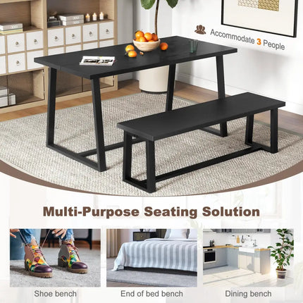 Wood Dining Bench with Metal Frame and Adjustable Footpads-Black - Black - Shoe Racks & Storage Benches