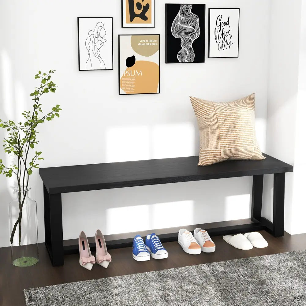 Wood Dining Bench with Metal Frame and Adjustable Footpads-Black - Black - Shoe Racks & Storage Benches