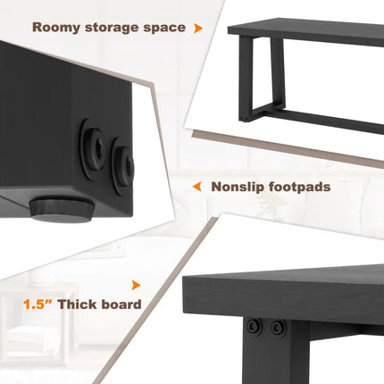 Wood Dining Bench with Metal Frame and Adjustable Footpads-Black - Black - Shoe Racks & Storage Benches