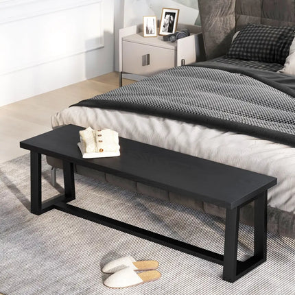 Wood Dining Bench with Metal Frame and Adjustable Footpads-Black - Black - Shoe Racks & Storage Benches