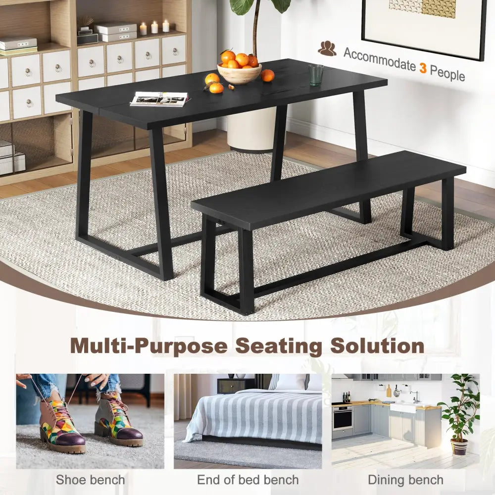 Wood Dining Bench with Metal Frame and Adjustable Footpads-Black - Black - Shoe Racks & Storage Benches