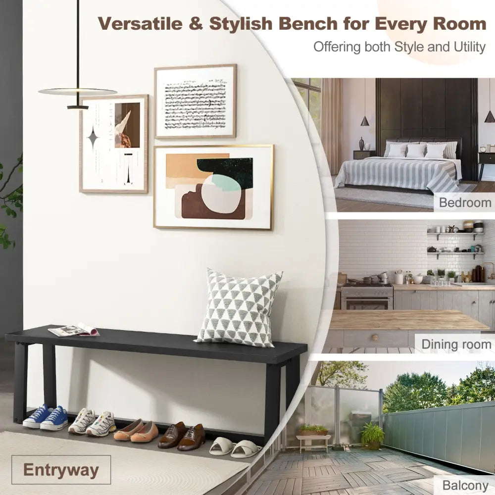 Wood Dining Bench with Metal Frame and Adjustable Footpads-Black - Black - Shoe Racks & Storage Benches