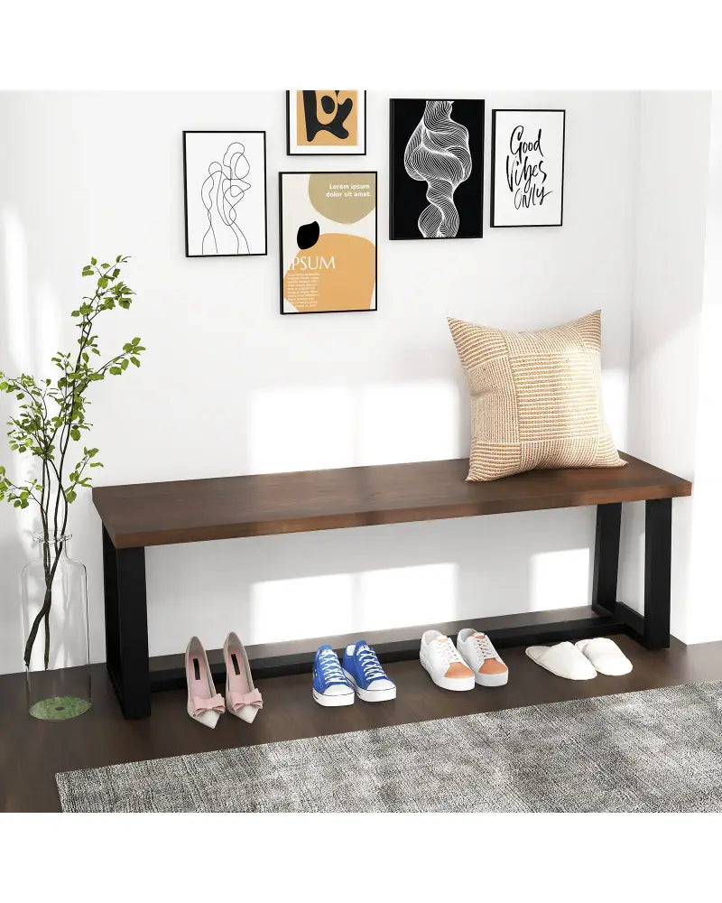 Wood Dining Bench with Metal Frame and Adjustable Footpads-Coffee - Coffee - Shoe Racks & Storage Benches