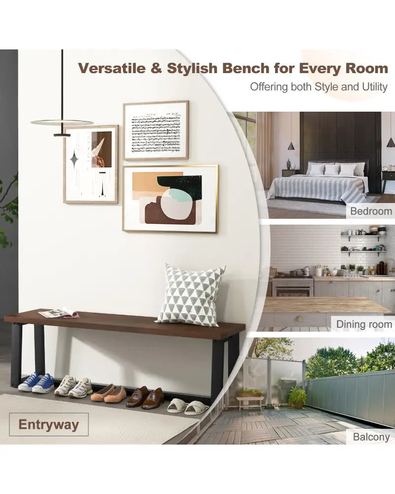 Wood Dining Bench with Metal Frame and Adjustable Footpads-Coffee - Coffee - Shoe Racks & Storage Benches