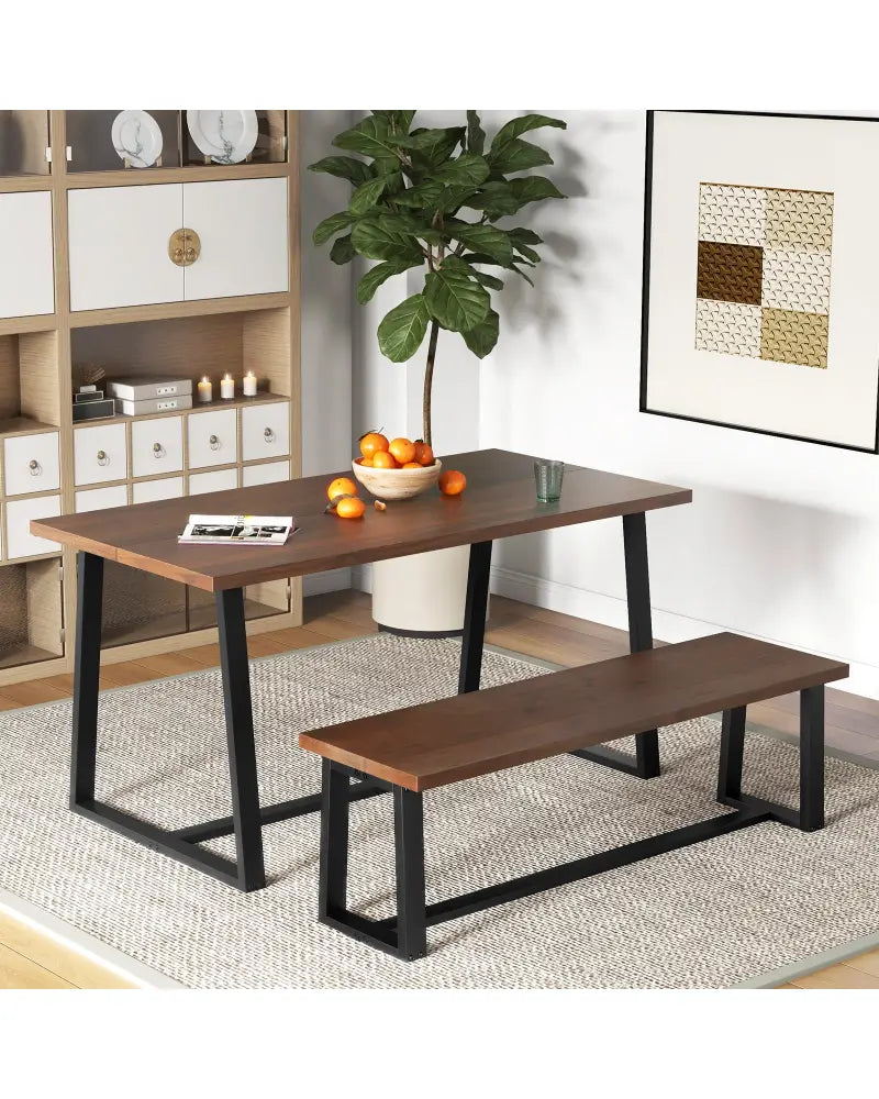 Wood Dining Bench with Metal Frame and Adjustable Footpads-Coffee - Coffee - Shoe Racks & Storage Benches