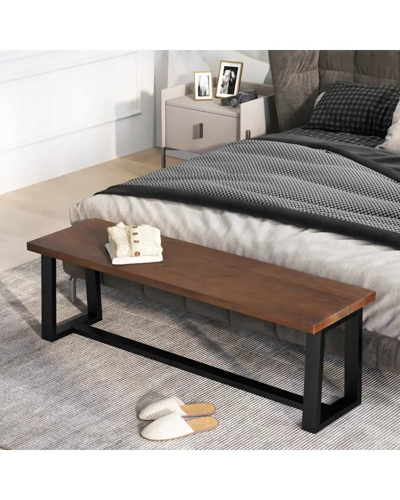 Wood Dining Bench with Metal Frame and Adjustable Footpads-Coffee - Coffee - Shoe Racks & Storage Benches