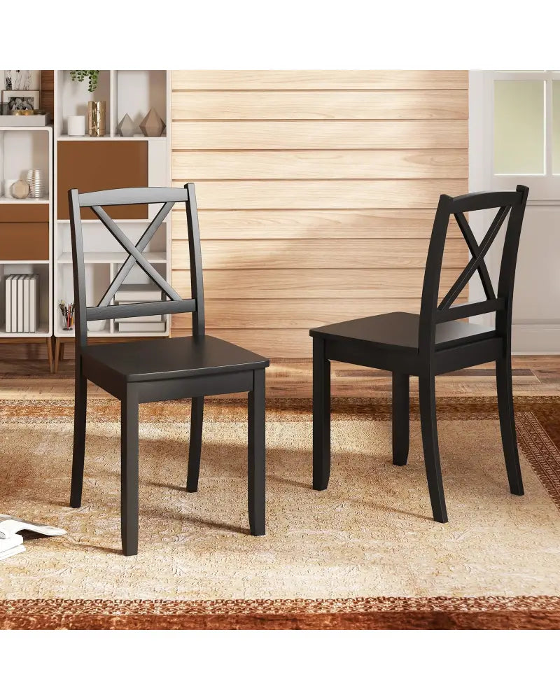 Wood Dining Chair Set of 2 with Rubber Wood Legs and Curved Backrest-Black - Black - Dining Chairs