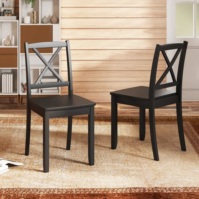 Wood Dining Chair Set of 2 with Rubber Wood Legs and Curved Backrest-Black - Black - Dining Chairs