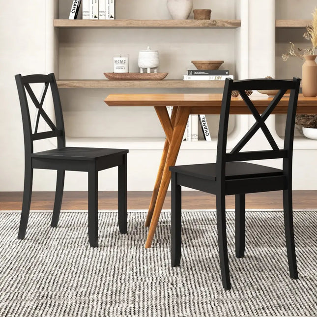 Wood Dining Chair Set of 2 with Rubber Wood Legs and Curved Backrest-Black - Black - Dining Chairs