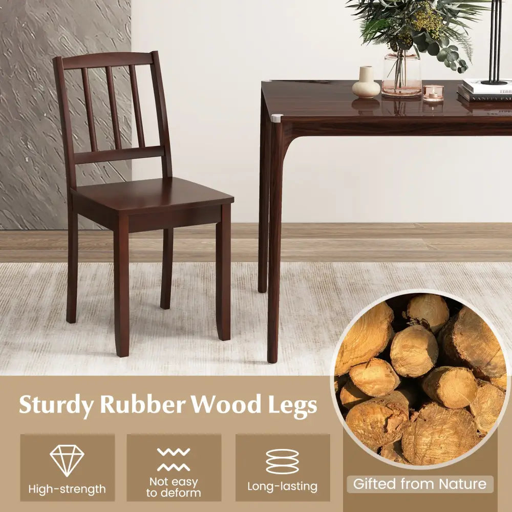 Wood Dining Chair Set of 2 with Rubber Wood Legs-Brown - Brown - Dining Chairs