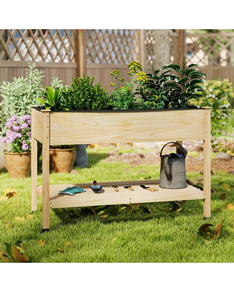 Wood Elevated Planter Bed with Lockable Wheels Shelf and Liner - Natural - Raised Garden Beds